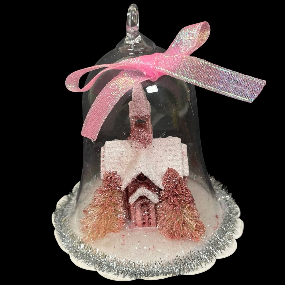 Christmas Bell Cloche Ornament Winter Church Snow Scene Glitter Pink‎ Trees